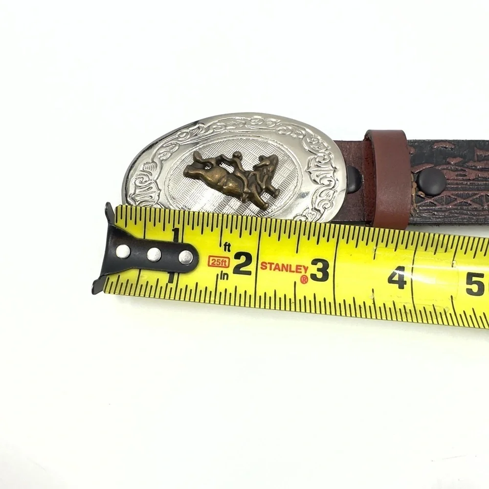 Nocona Western Belt Boys 24 Rodeo Tooled Leather Big Buckle Bull Rider Cowboy